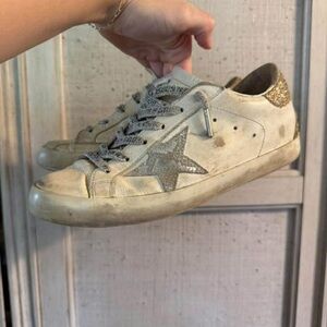 Golden Goose Cream and Silver Sneakers